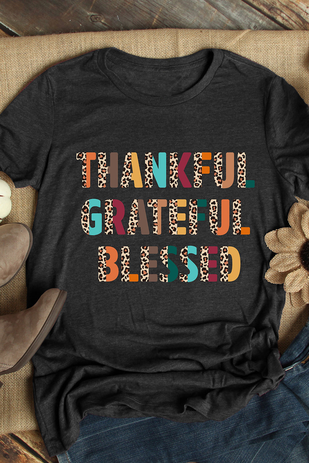 Black THANKFUL GRATEFUL BLESSED Thanksgiving Graphic Tee