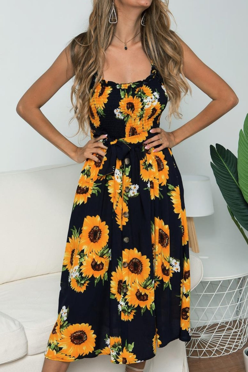 Smocked Sunflower Printed Sleeveless Cami Dress