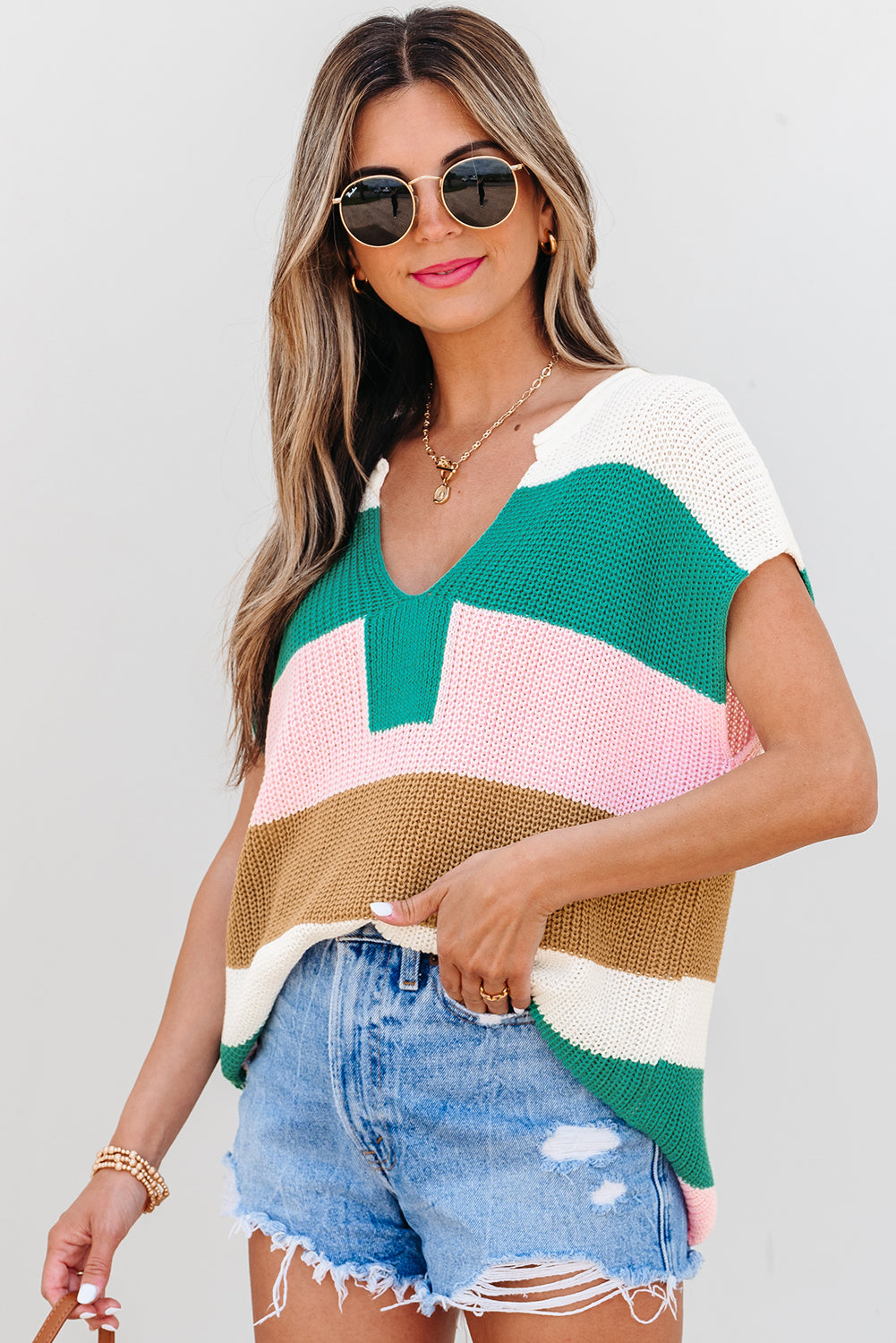 Pink Color Block Notch V Neck T Shirt