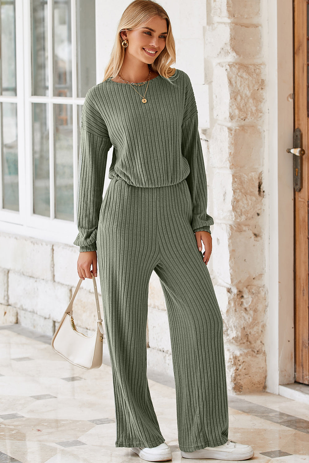 Solid Ribbed Knit Keyhole Back High Waist Jumpsuit