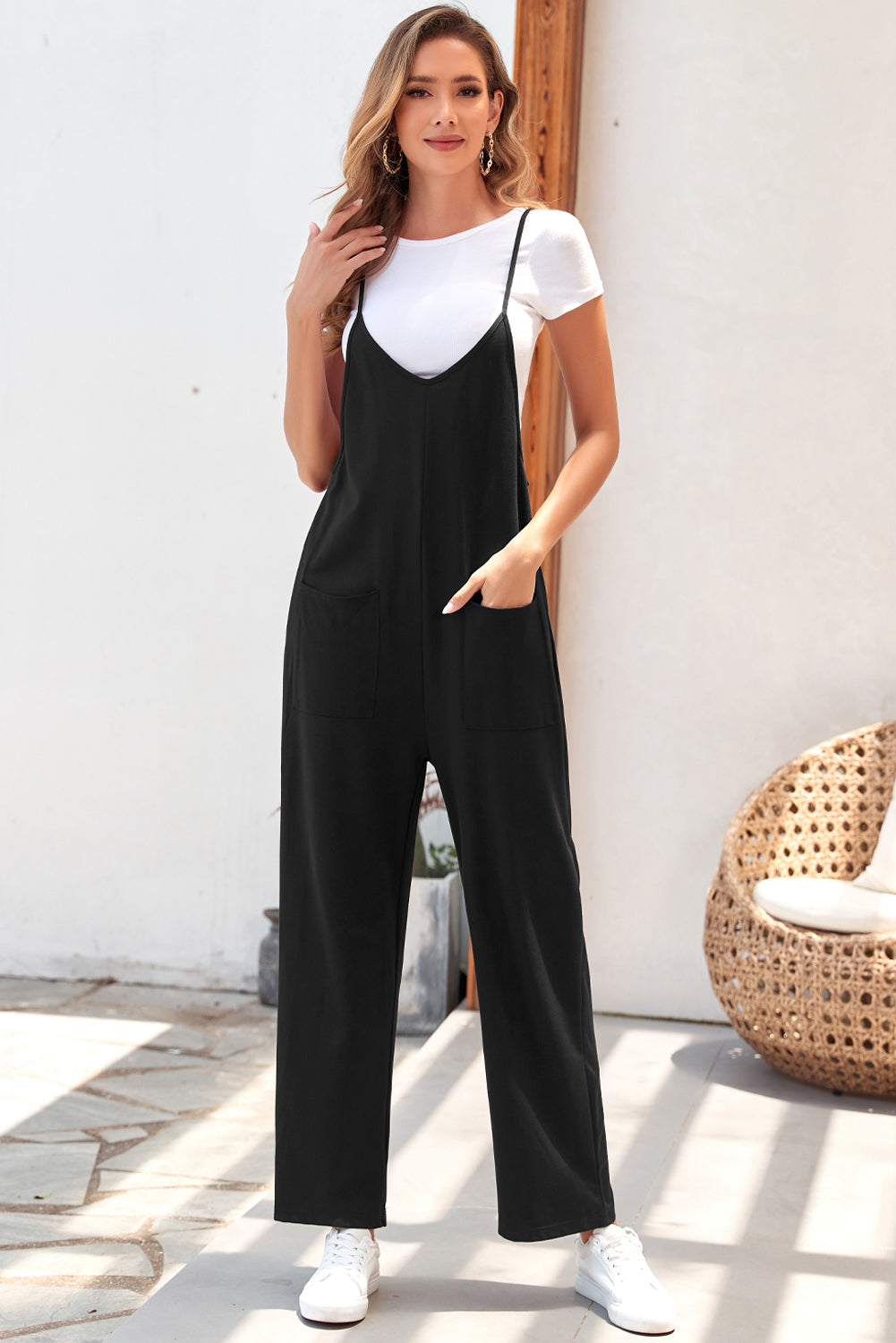 Rose Red Black Pocketed Adjustable Spaghetti Strap Straight Leg Jumpsuit