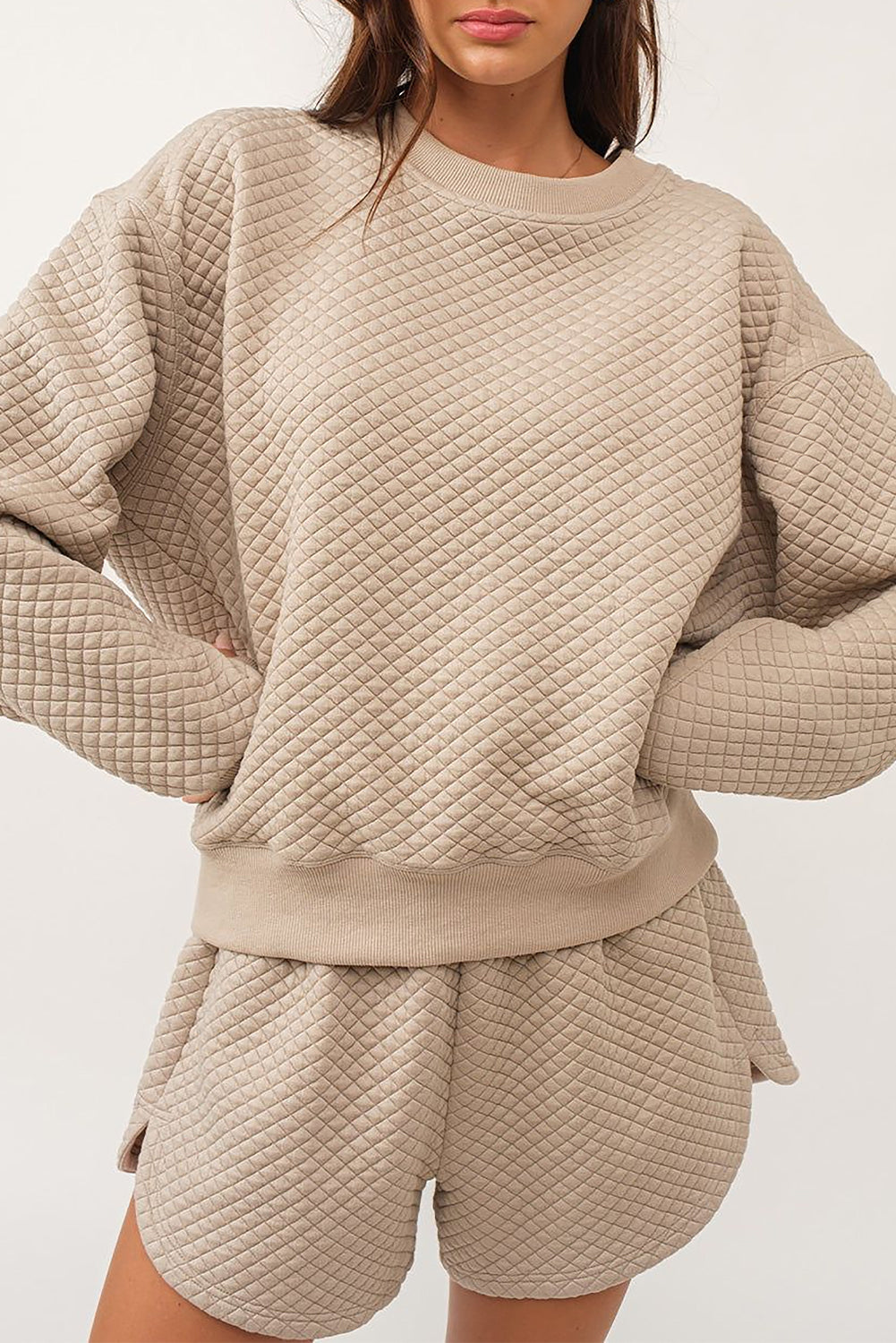 Parchment Diamond Quilted Plain Pullover and Shorts Set