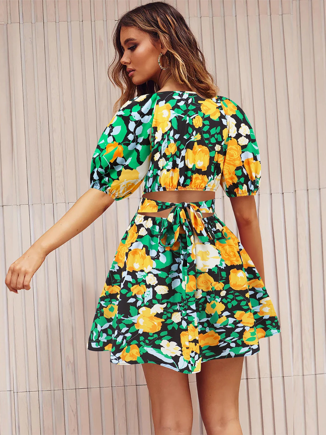 Printed Surplice Short Sleeve Dress