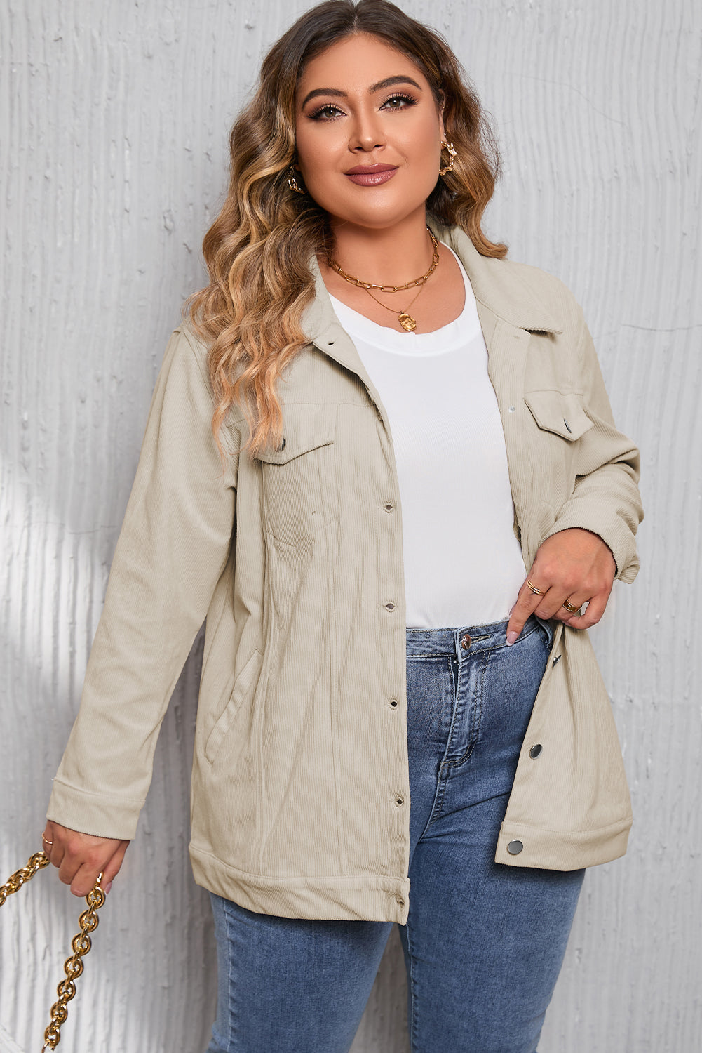 Khaki Plus Size Crochet Pattern Back Corduroy Jacket