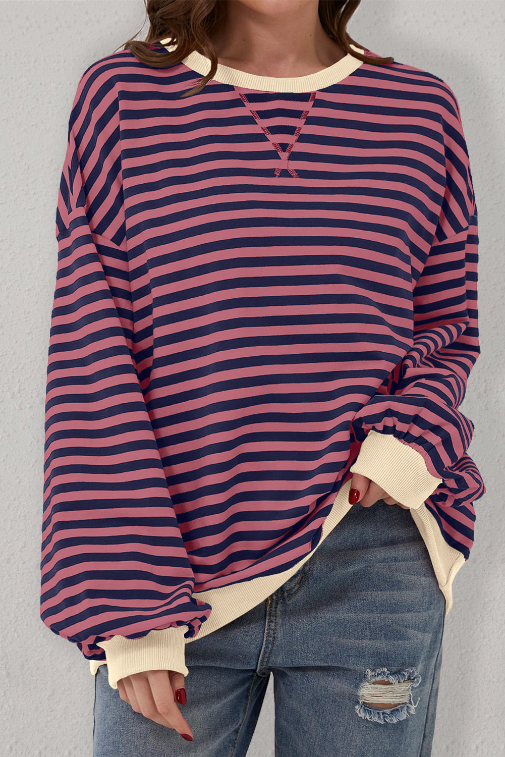 Black Stripe Oversized Contrast Trim Pullover Sweatshirt