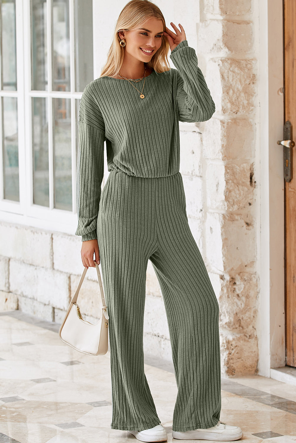 Solid Ribbed Knit Keyhole Back High Waist Jumpsuit