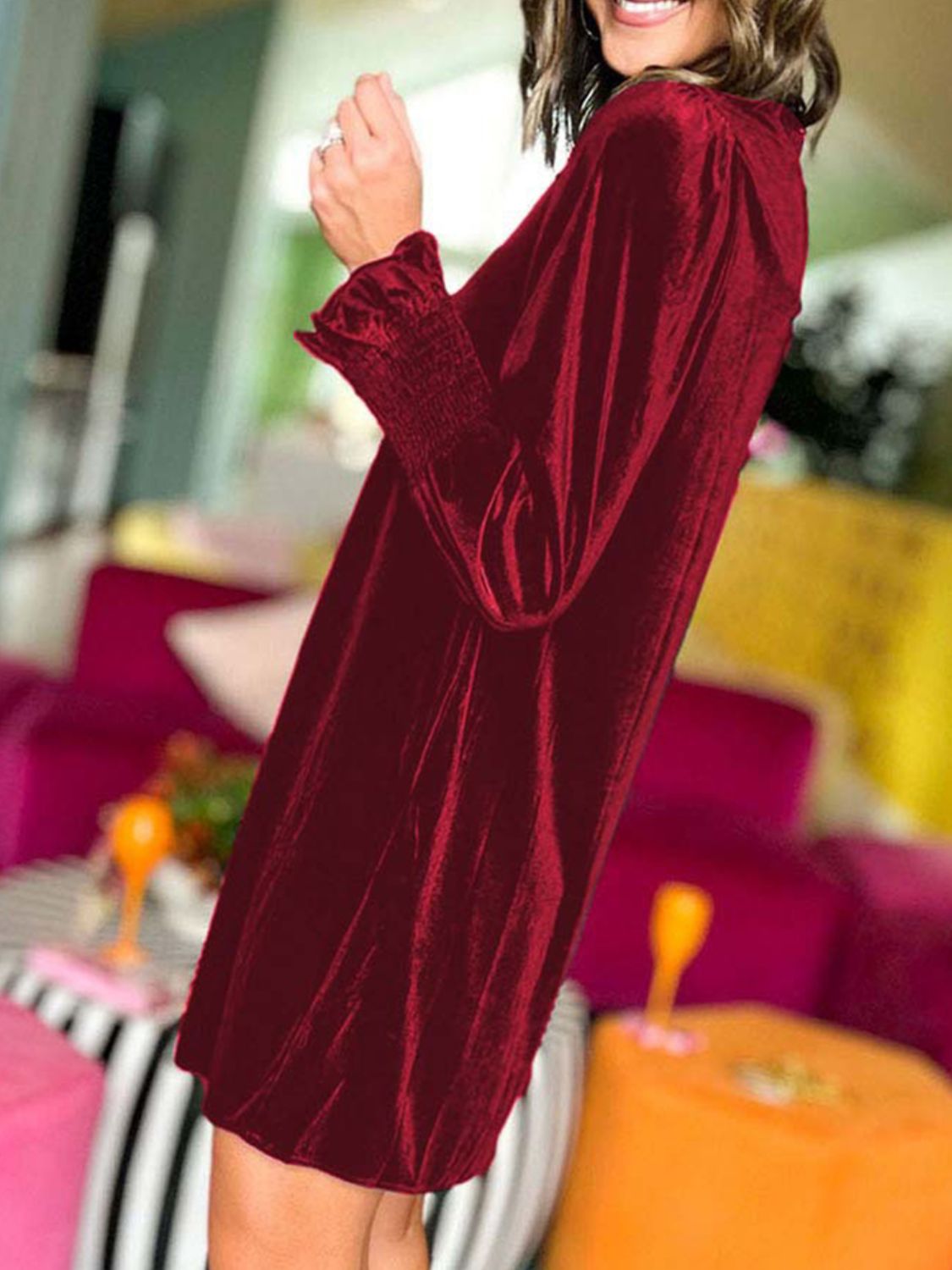 Mock Neck Smocked Long Sleeve Mini Dress