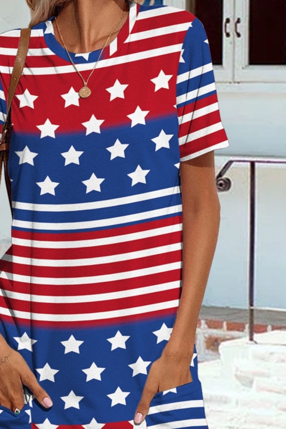 Pocketed US Flag Printed Short Sleeve Dress