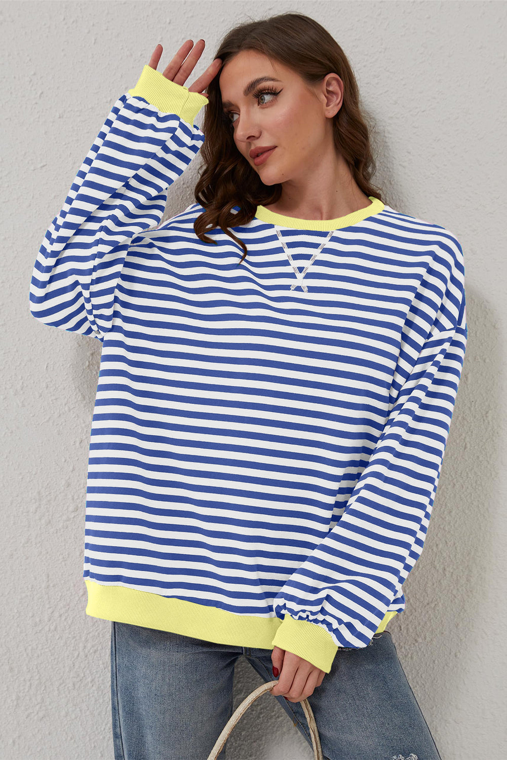 Black Stripe Oversized Contrast Trim Pullover Sweatshirt