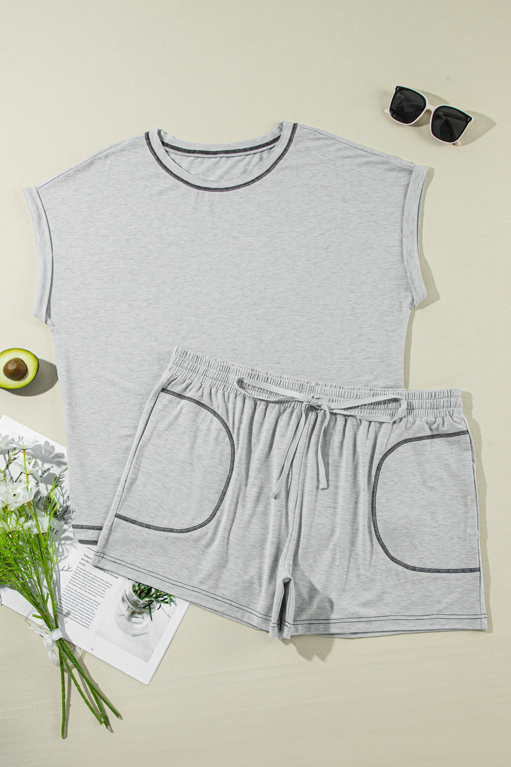 Gray Contrast Stitching Cuffed Sleeve Tee and Shorts Set