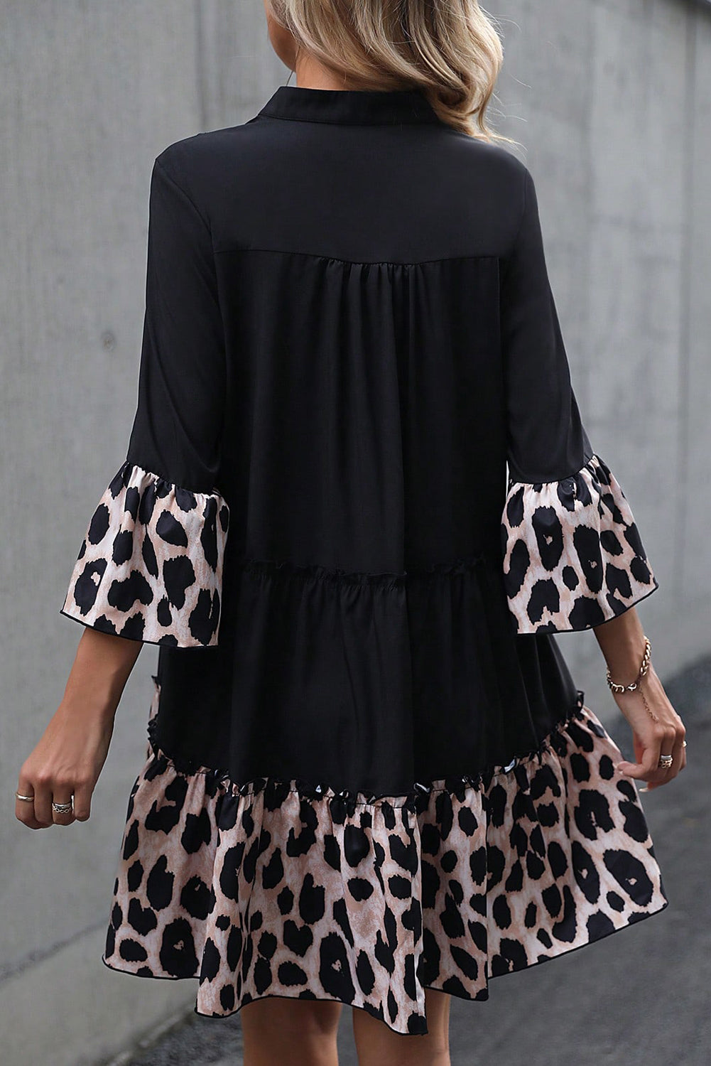 Black Leopard Patchwork Split Neck Ruffle Dress