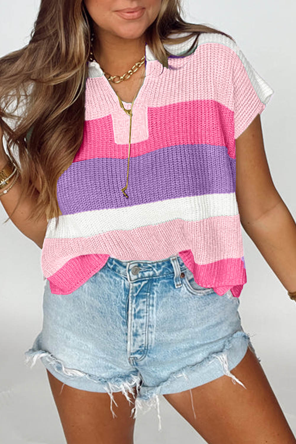 Pink Color Block Notch V Neck T Shirt