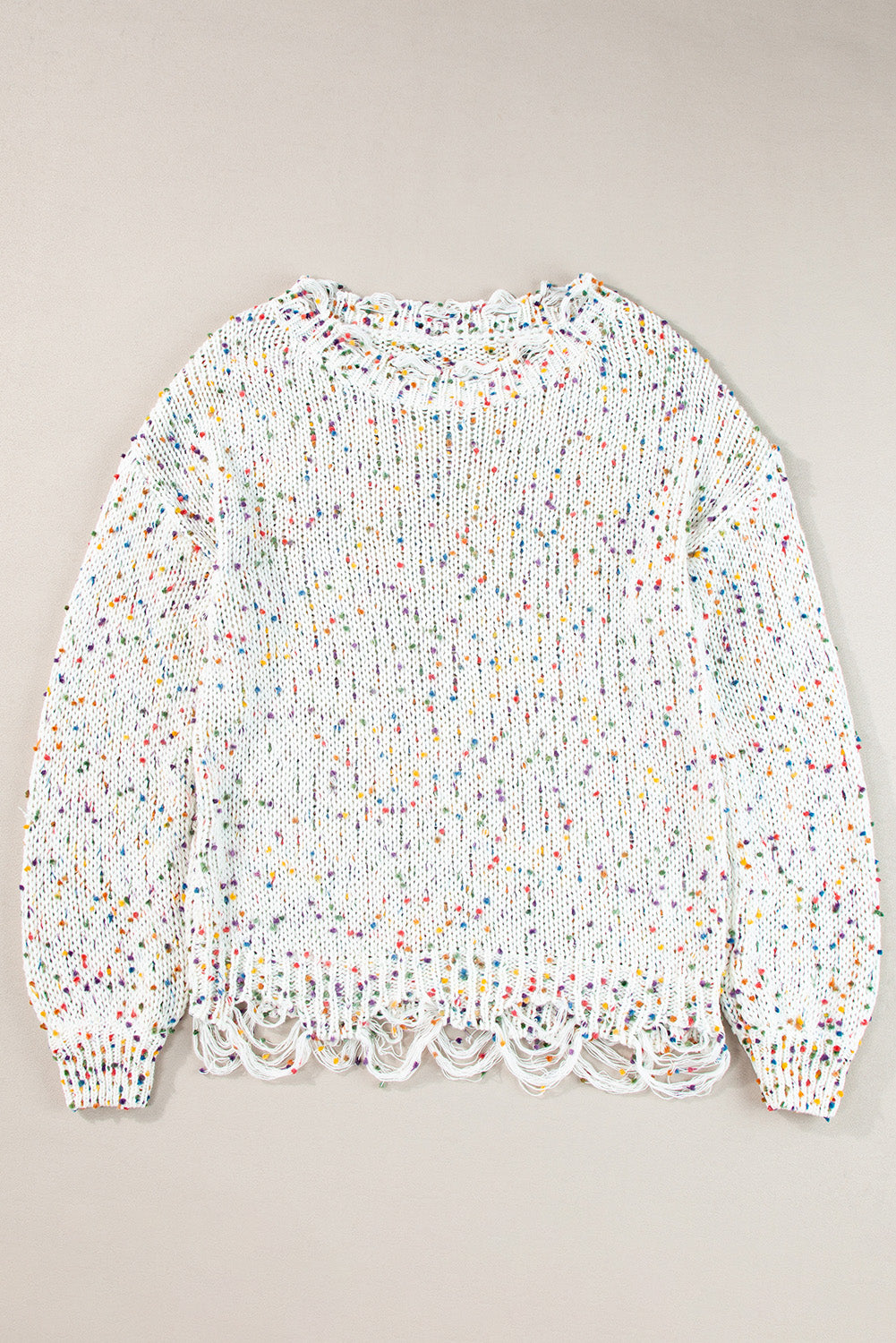 White Colorful Confetti Distressed Knit Sweater