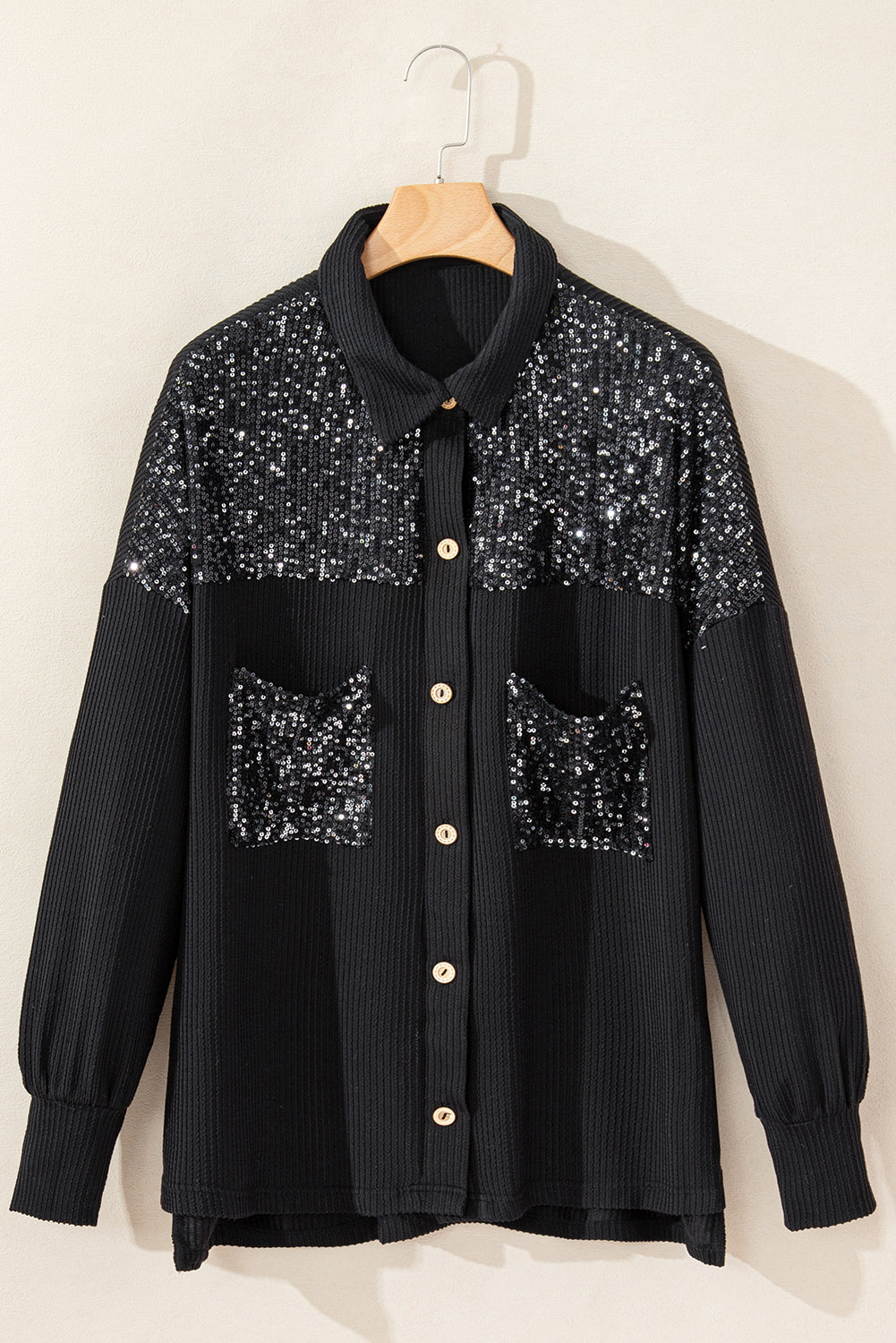 Black Sequin Patch Chest Pocket Corded Shacket