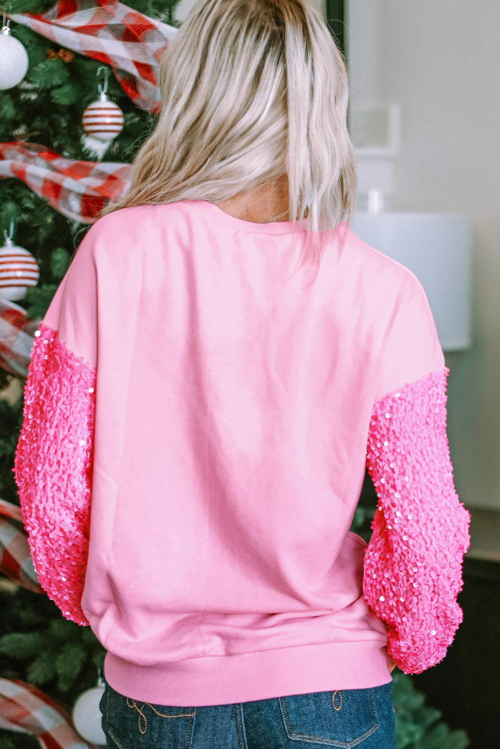 Pink Shiny Santa Claus Graphic Sequin Sleeve Sweatshirt