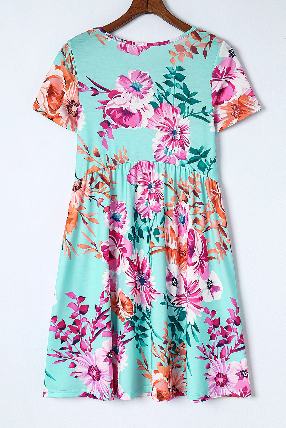 Light Blue Floral Casual High Waist Short Dress