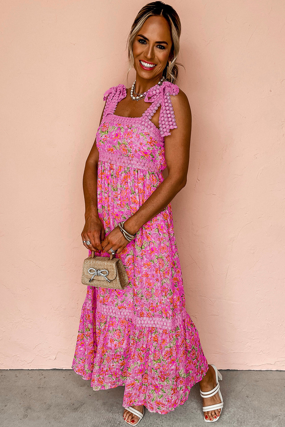 Floral Lace Tied Strap Empire Waist Maxi Dress