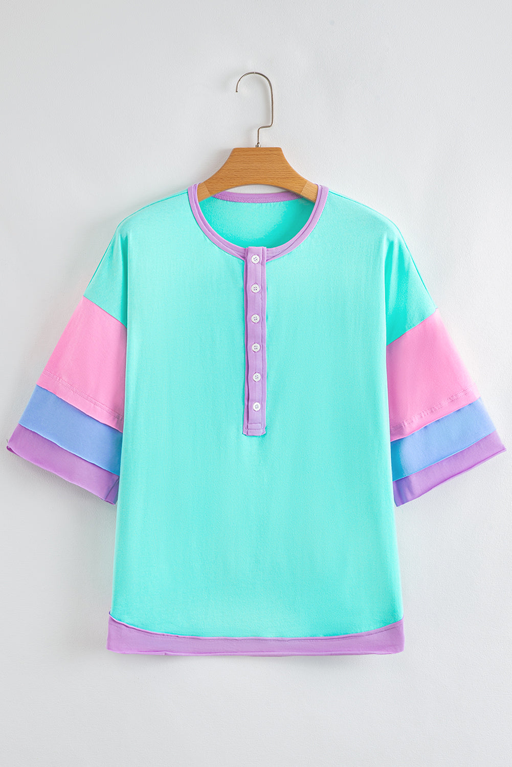 Solid Color Half Sleeve Buttons Henley Top