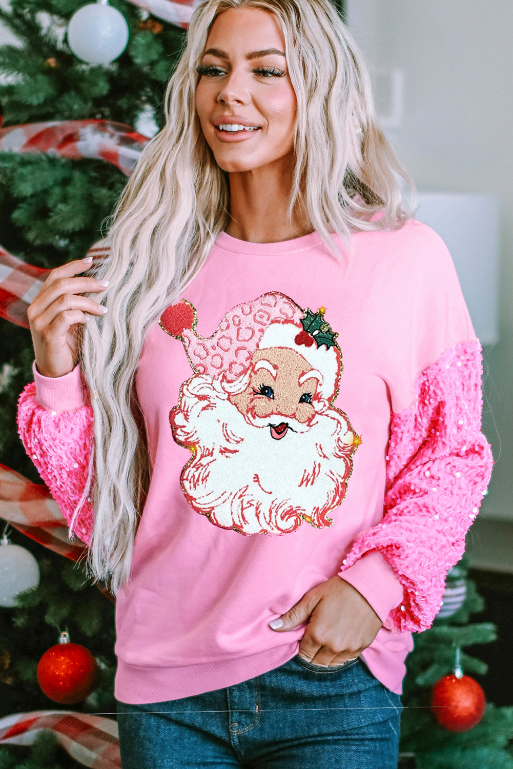 Pink Shiny Santa Claus Graphic Sequin Sleeve Sweatshirt