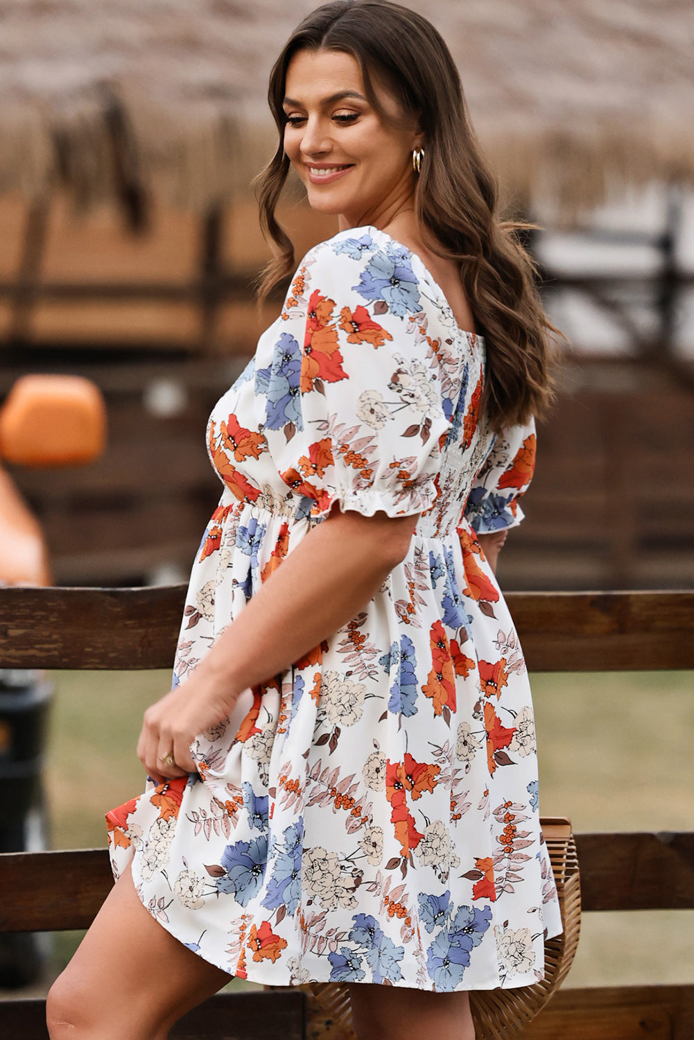 White Floral Smocked Flared Dress