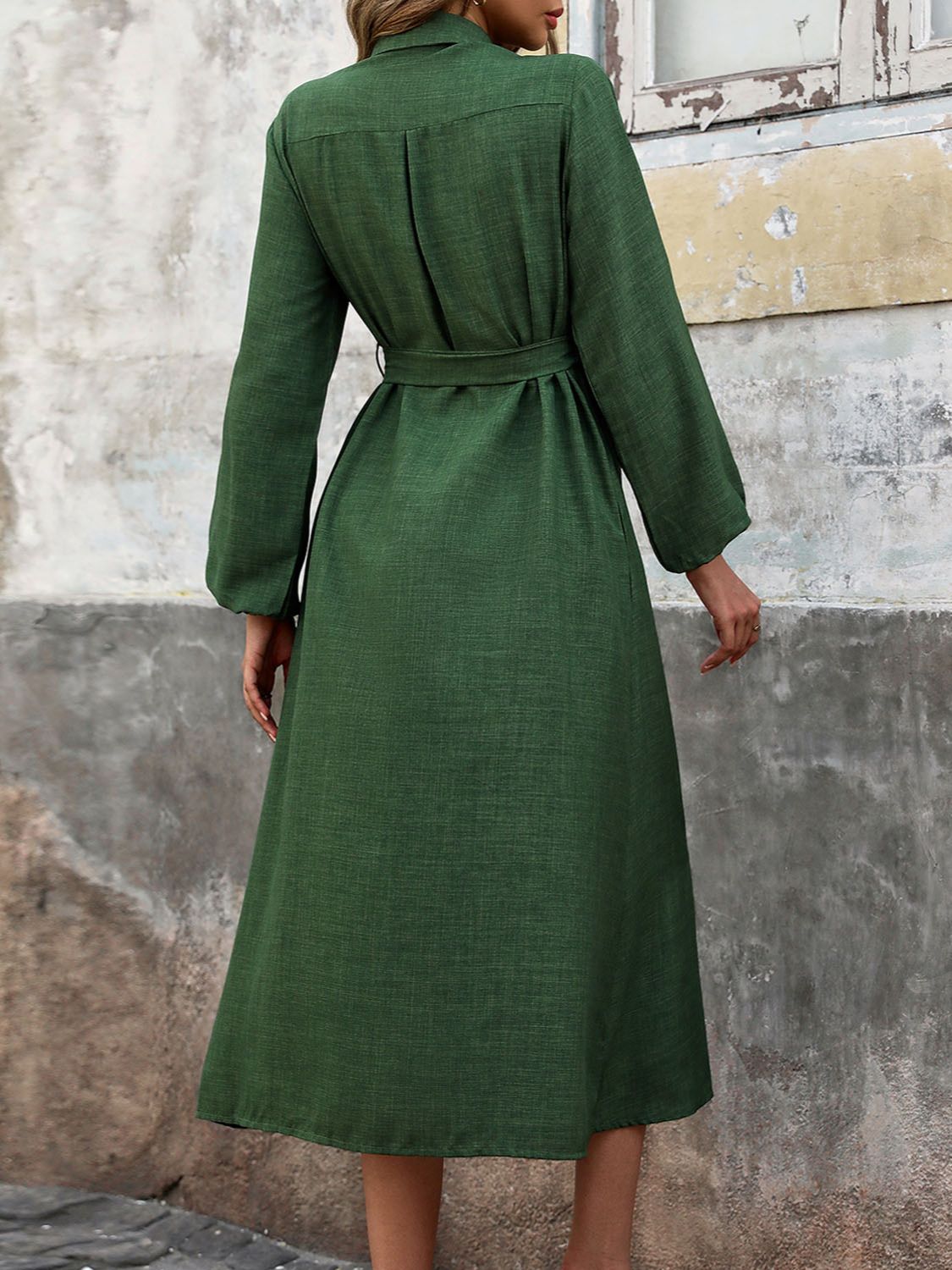 Collared Neck Long Sleeve Midi Shirt Dress