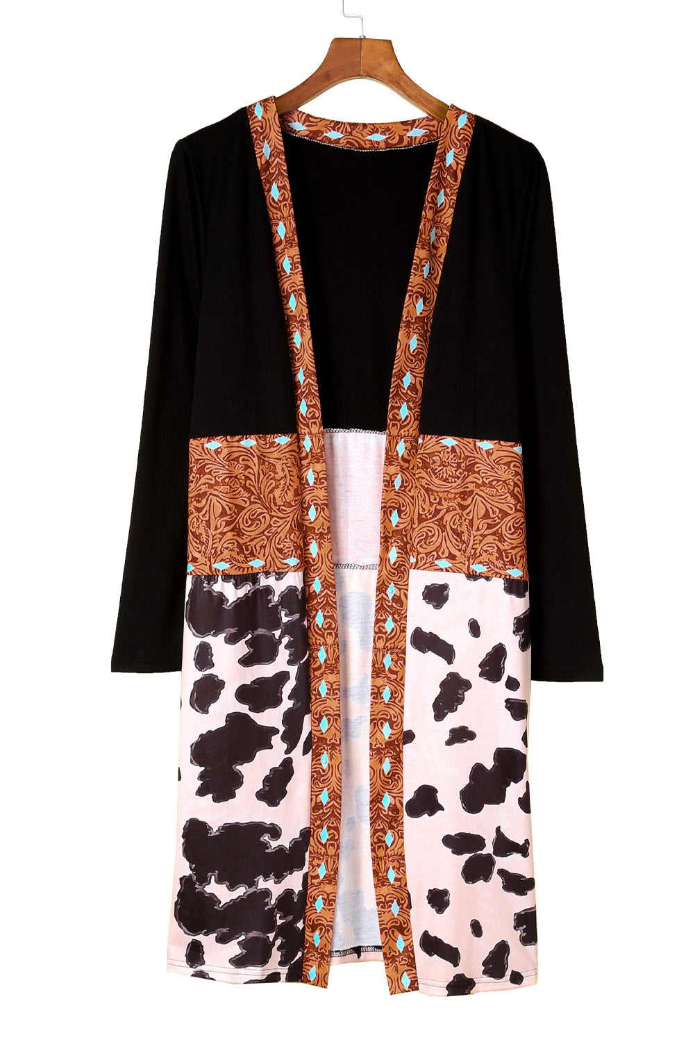 Black Western Pattern Cow Patchwork Open Front Cardigan