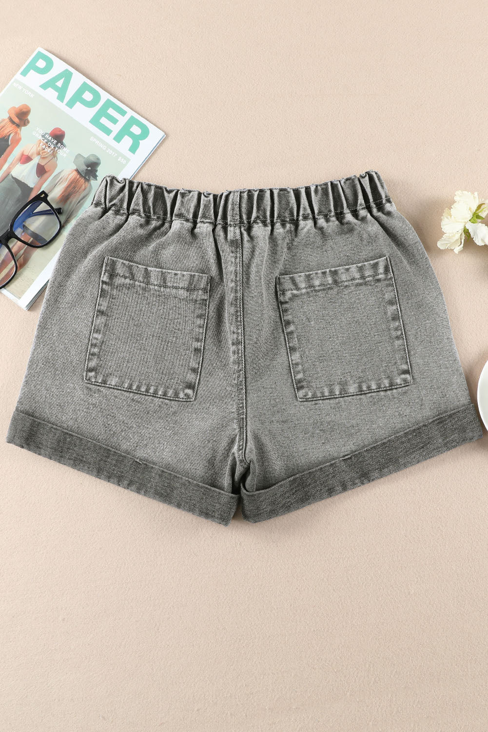 Pocketed Drawstring High Waist Denim Shorts