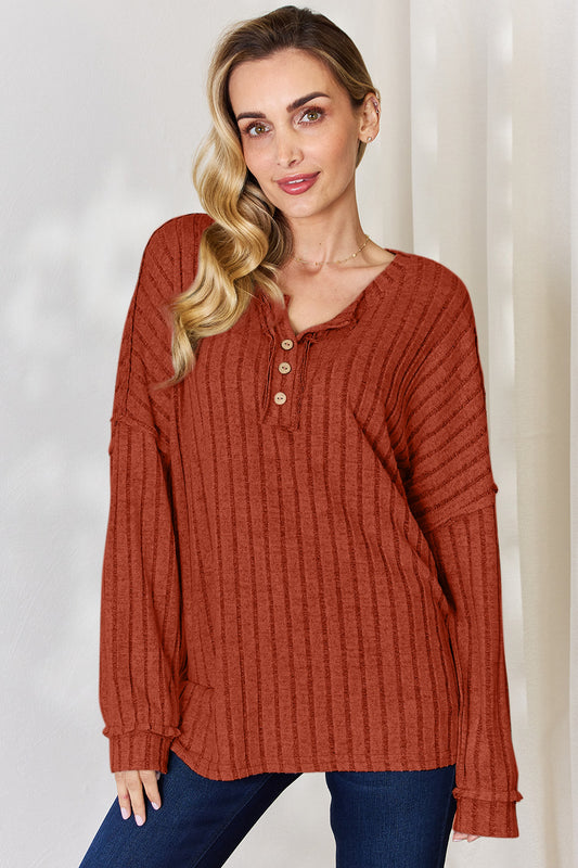 Basic Bae Ribbed Half Button Long Sleeve T-Shirt