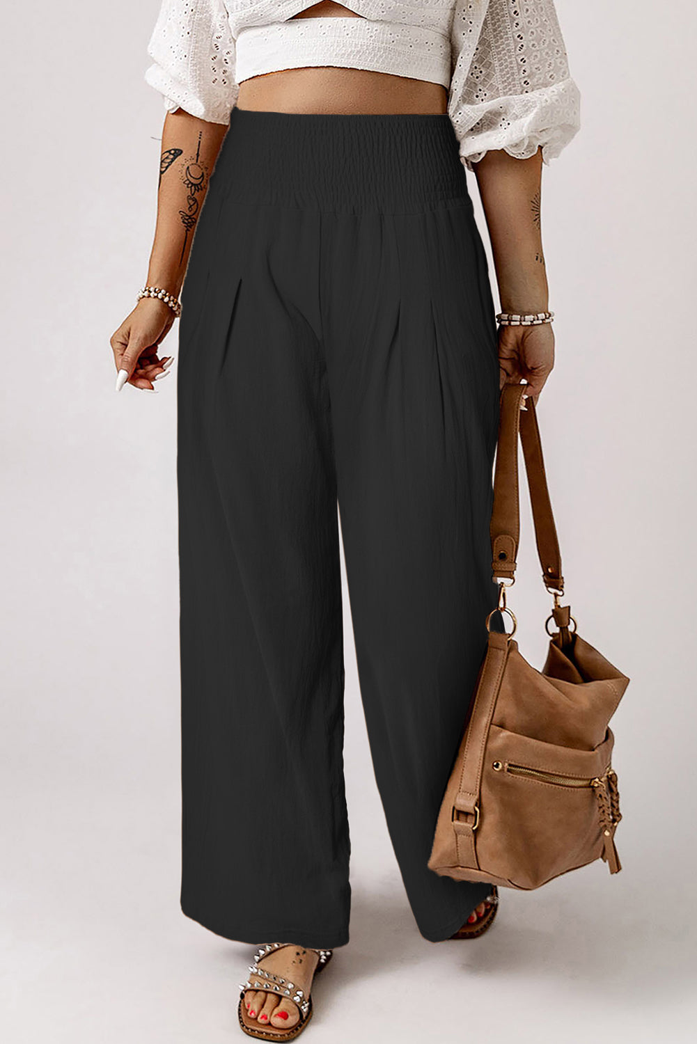 Smocked Wide Waistband High Waist Wide Leg Pants