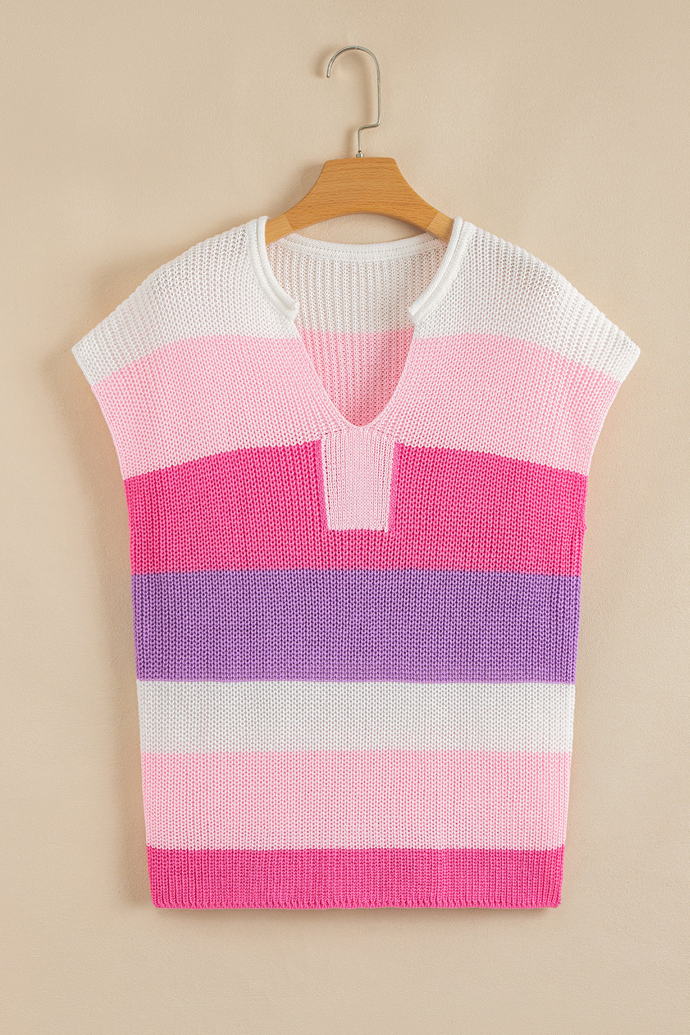 Pink Color Block Notch V Neck T Shirt