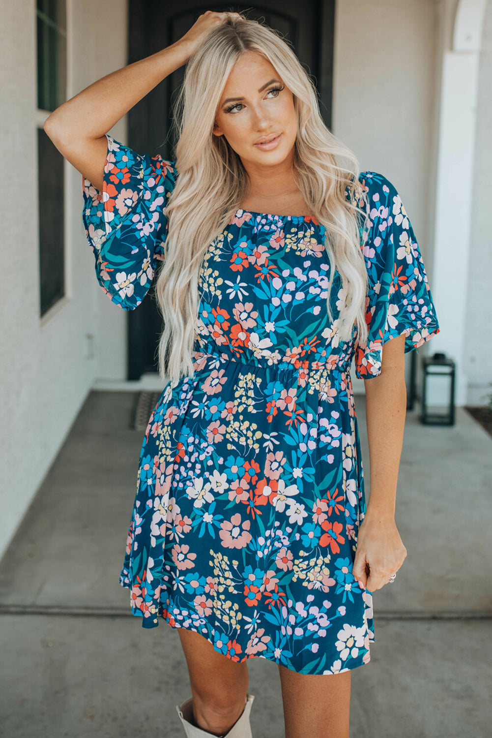 Dark Blue Bohemian Floral Print Off Shoulder Short Dress