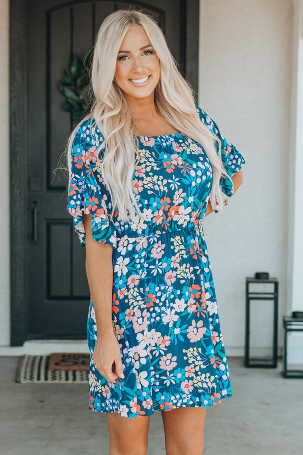 Dark Blue Bohemian Floral Print Off Shoulder Short Dress