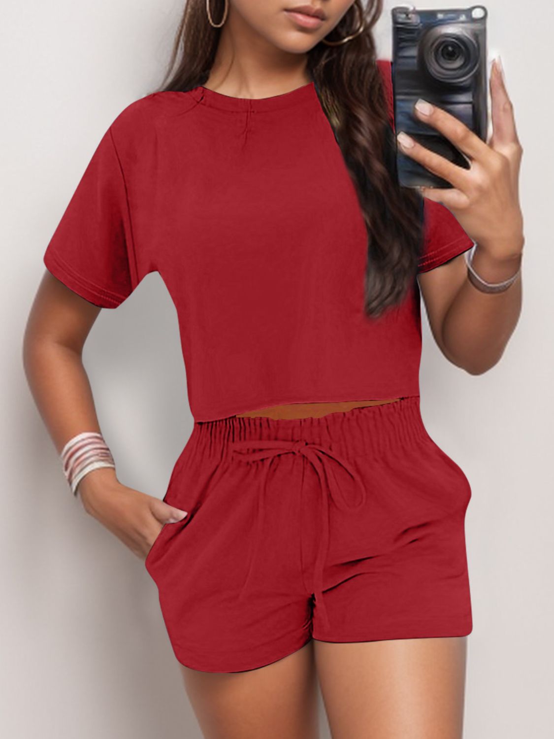 Round Neck Short Sleeve Top and Shorts Set