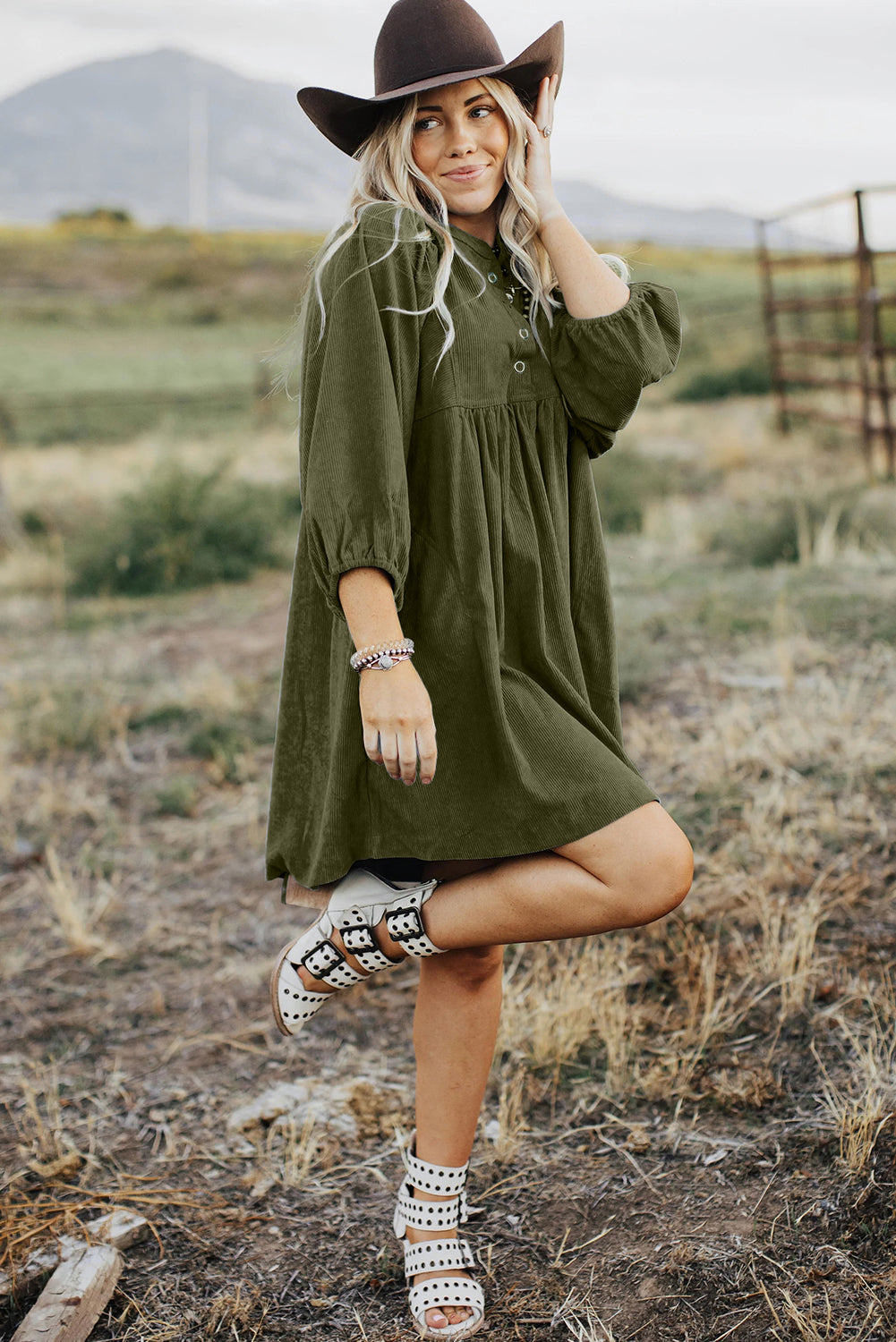 Vineyard Green Snap Button Empire Waist Lantern Sleeve Corduroy Dress