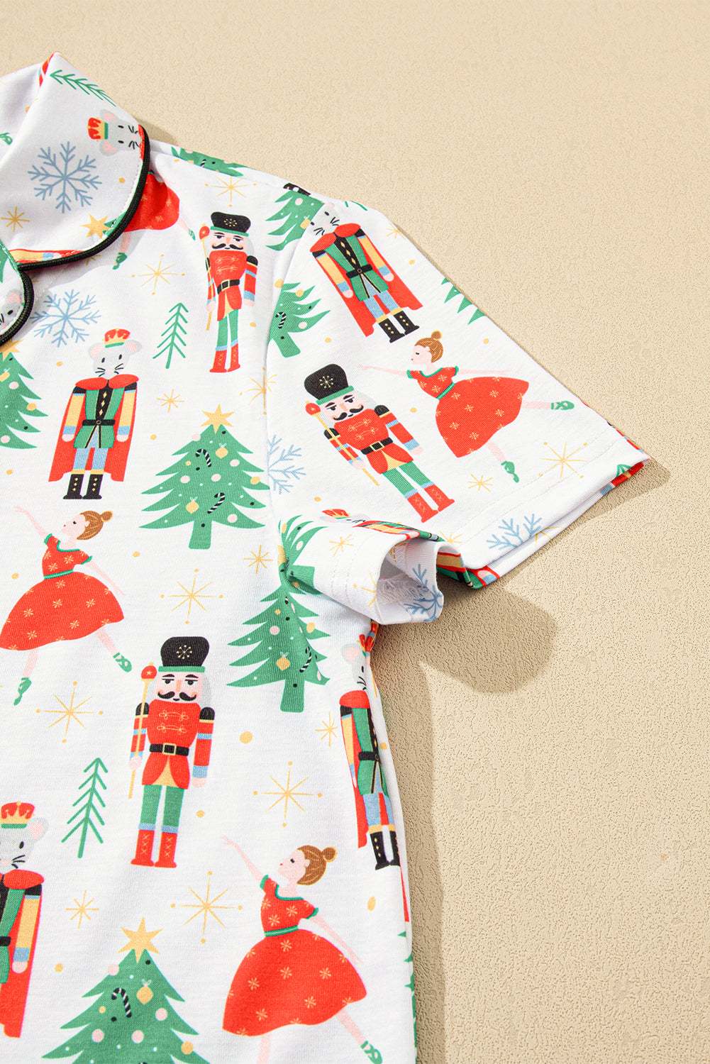 White Printed Christmas Pattern Buttoned Two Piece Sleepwear