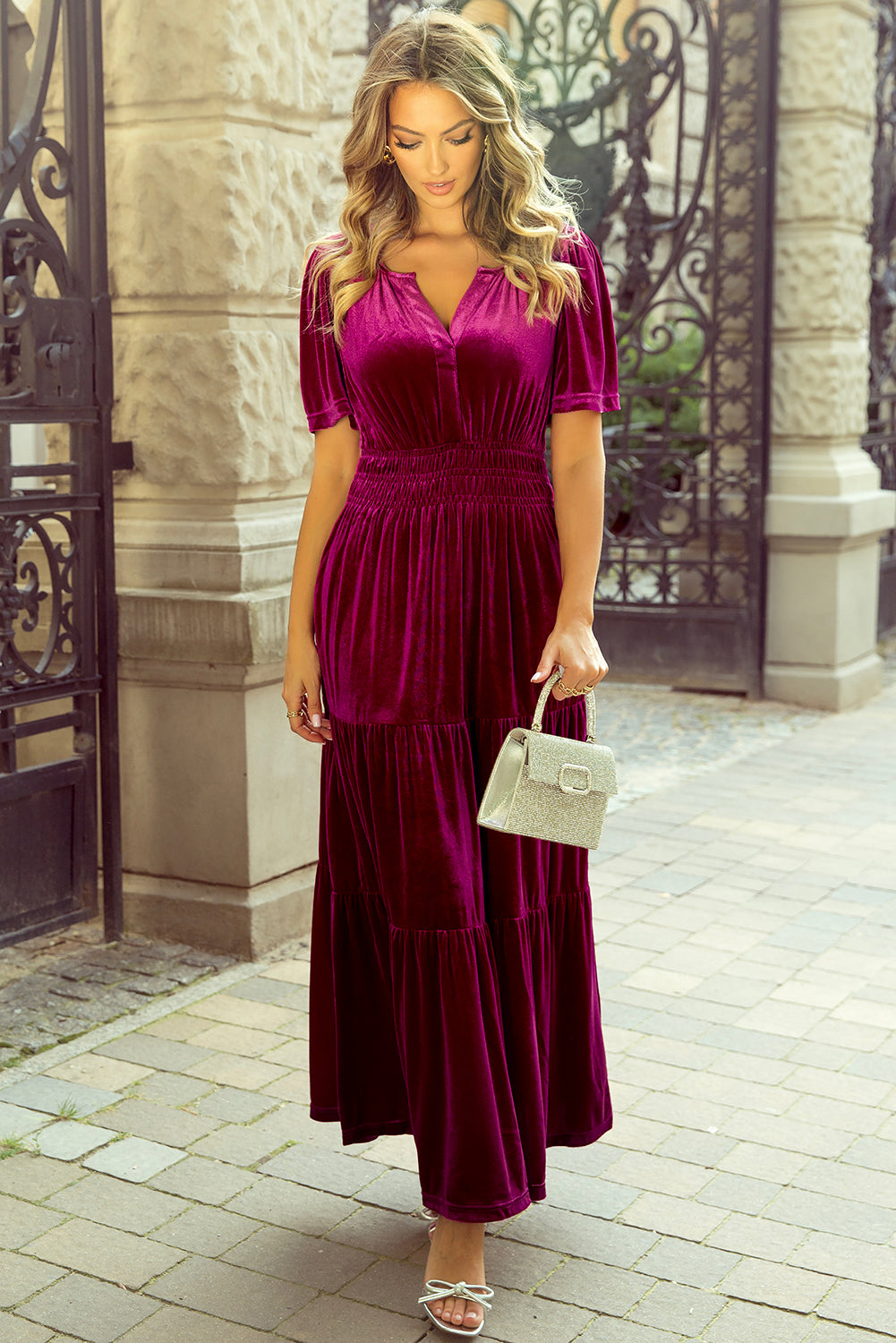 Red Dahlia Velvet Short Sleeve Shirred Waist Tiered Maxi Dress