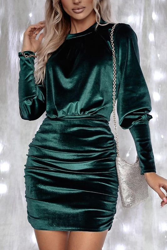 Velvet Puff Sleeve Ruched Bodycon Dress