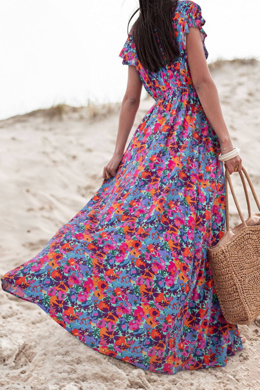 Blue Floral Print V Neck Wrap Split Maxi Dress