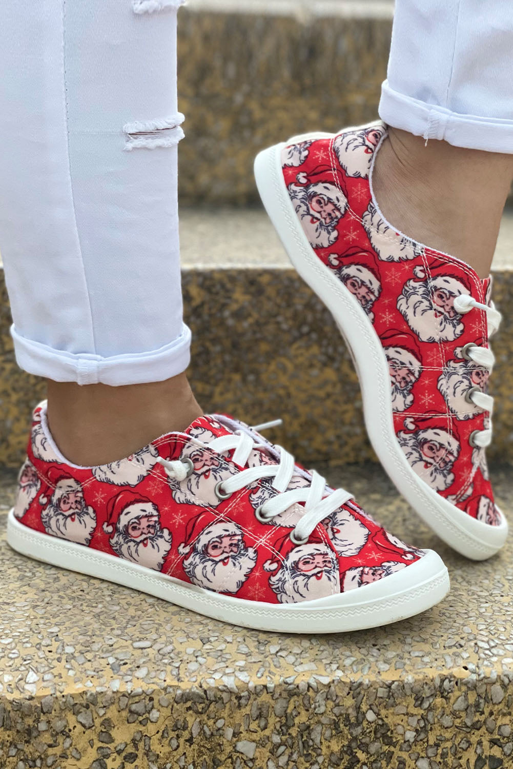 Christmas Santa Print Lace Up Flat Sneakers