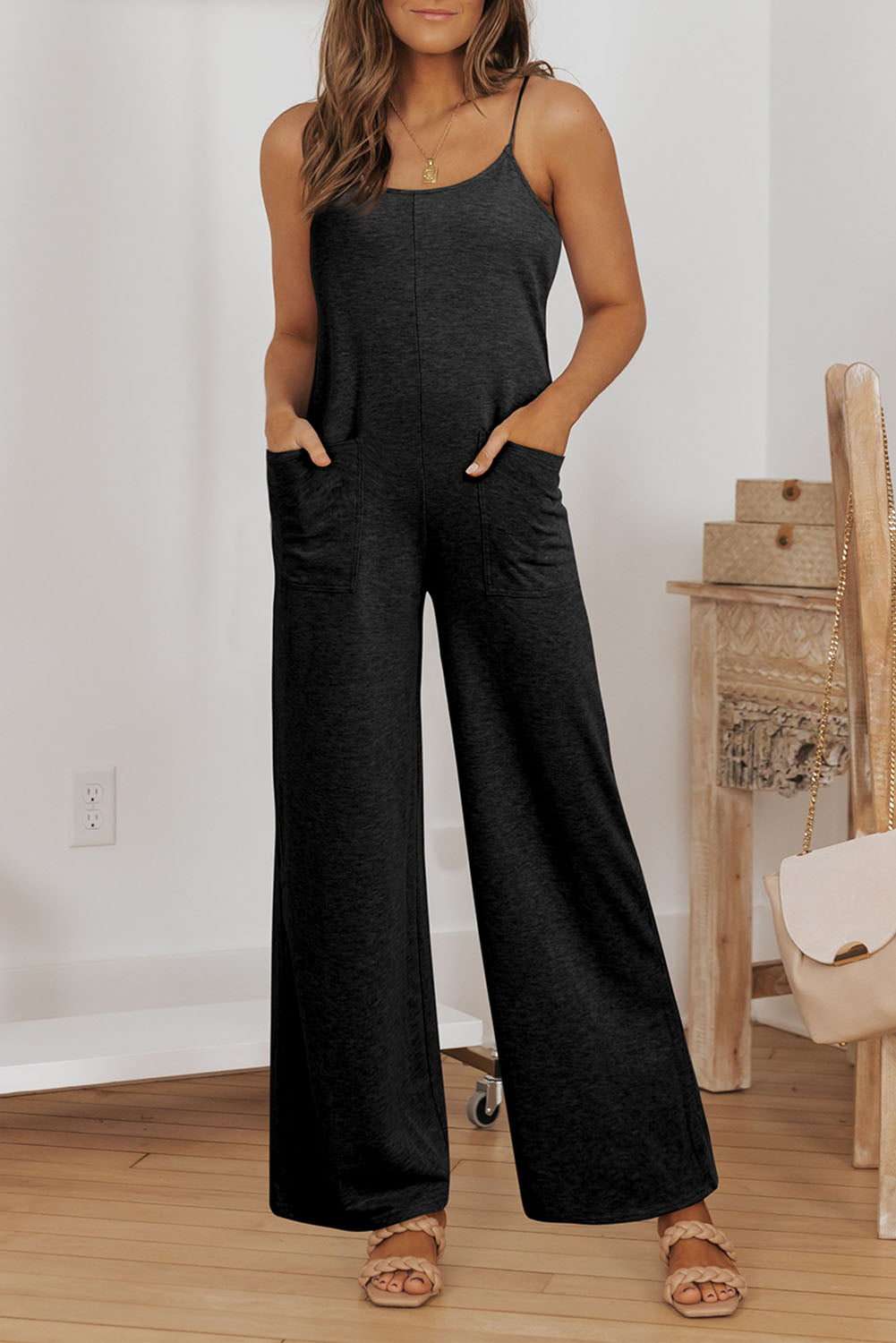 Gray Patch Pockets Spaghetti Strap Wide Leg Jumpsuit