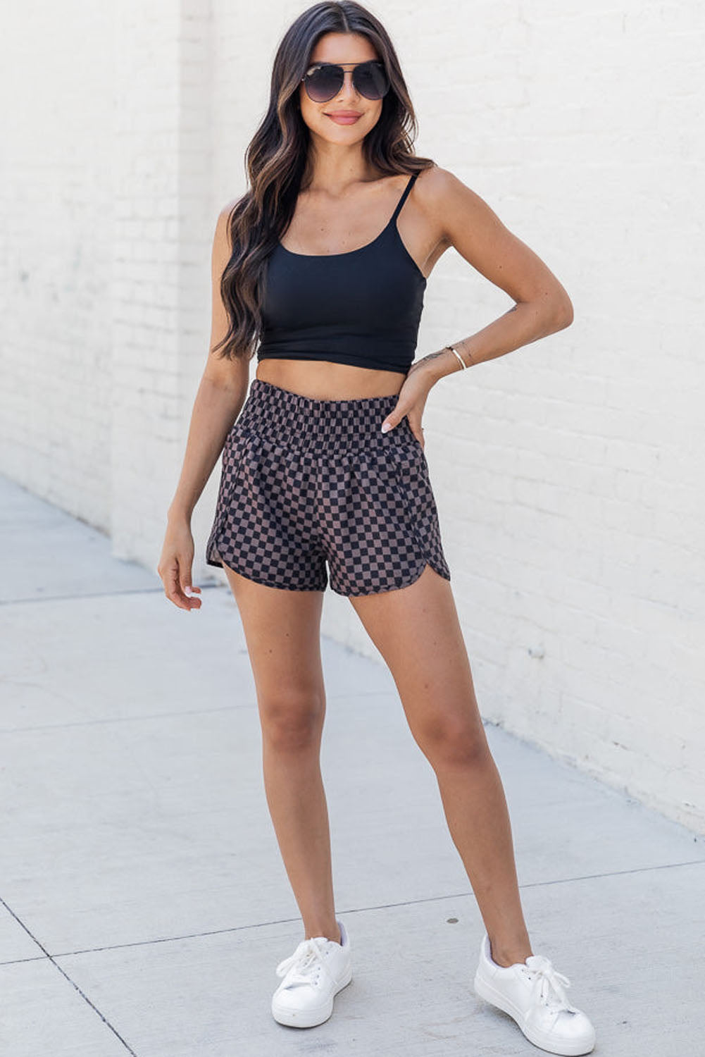 Abstract Print Smocked High Waisted Athletic Shorts