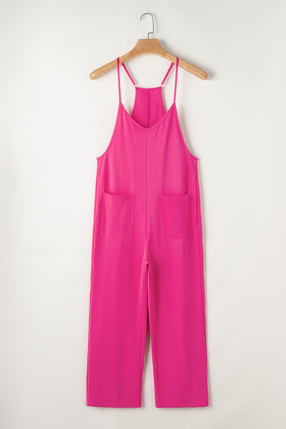 Rose Red Black Pocketed Adjustable Spaghetti Strap Straight Leg Jumpsuit