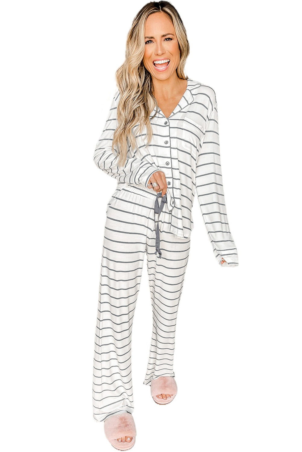 White Leopard Print Long Sleeve and Pants Pajamas Set