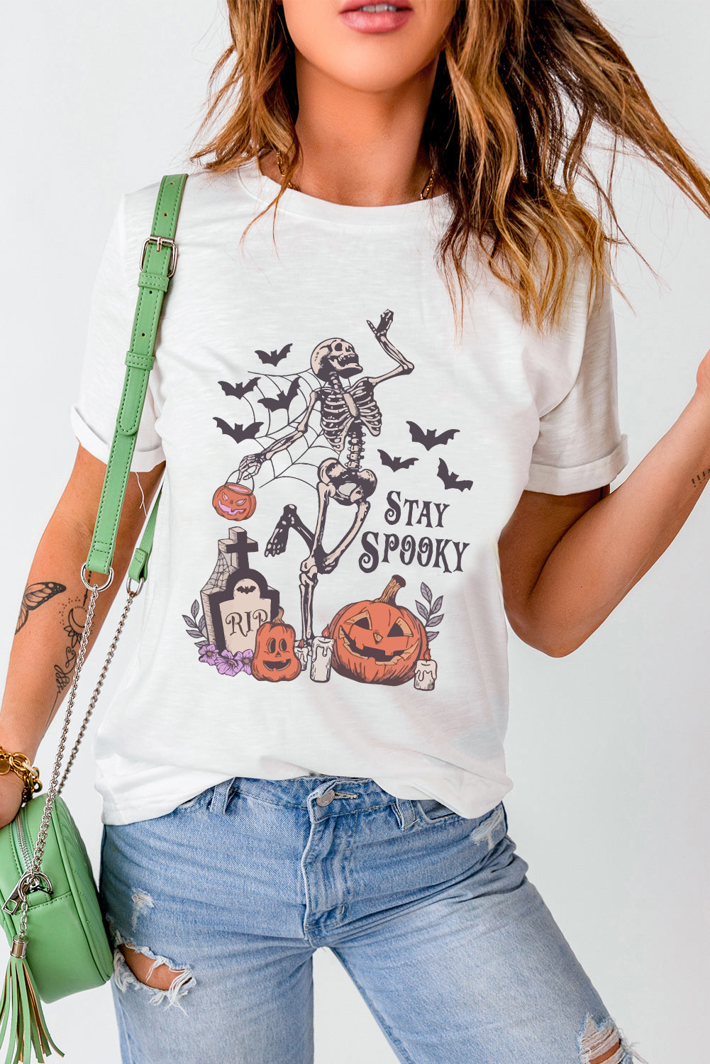 White Skull Pumpkin STAY SPOOKY Graphic Halloween T Shirt