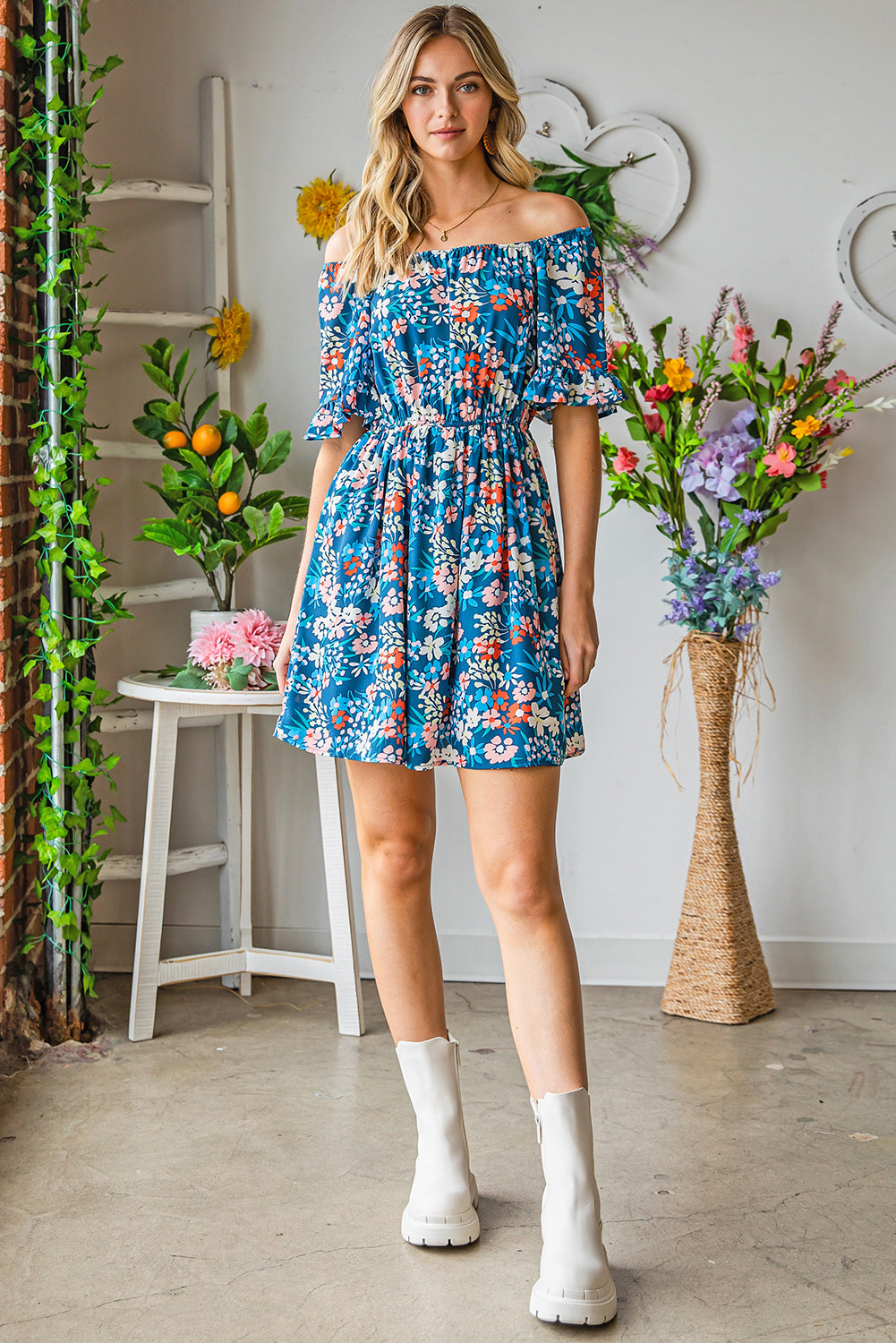 Dark Blue Bohemian Floral Print Off Shoulder Short Dress