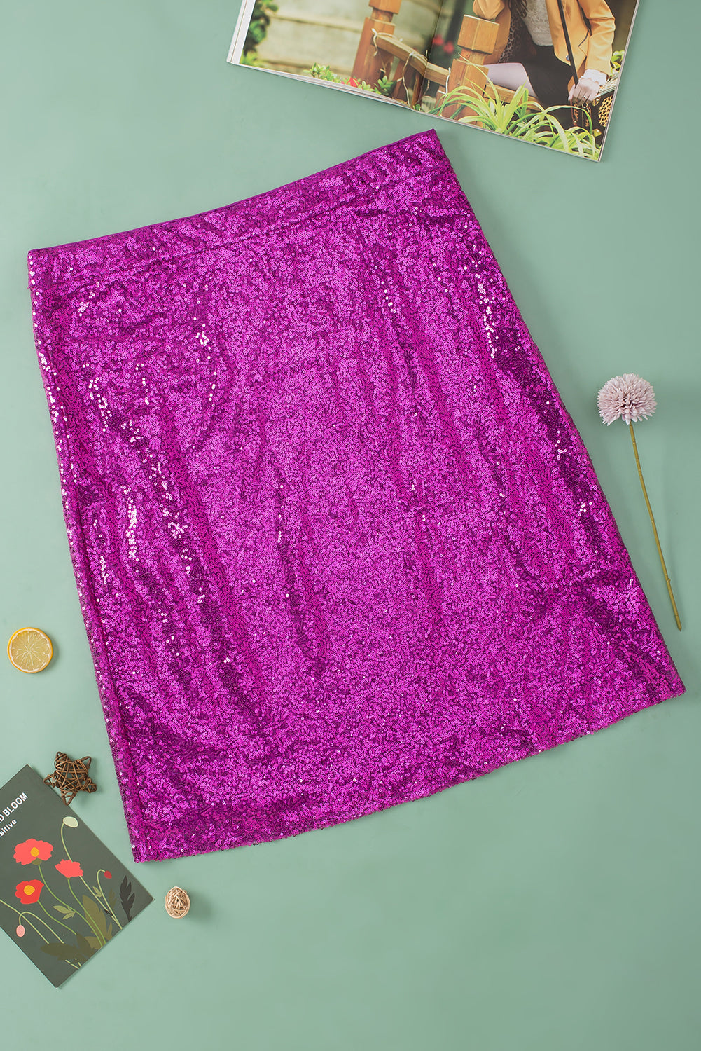 Violet Sequined High Waist Plus Size Midi Skirt