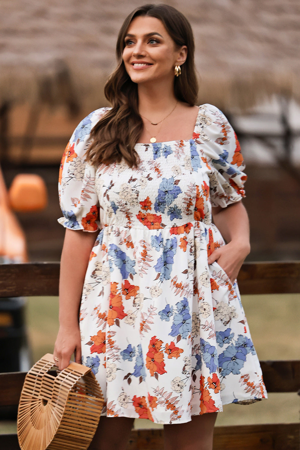 White Floral Smocked Flared Dress