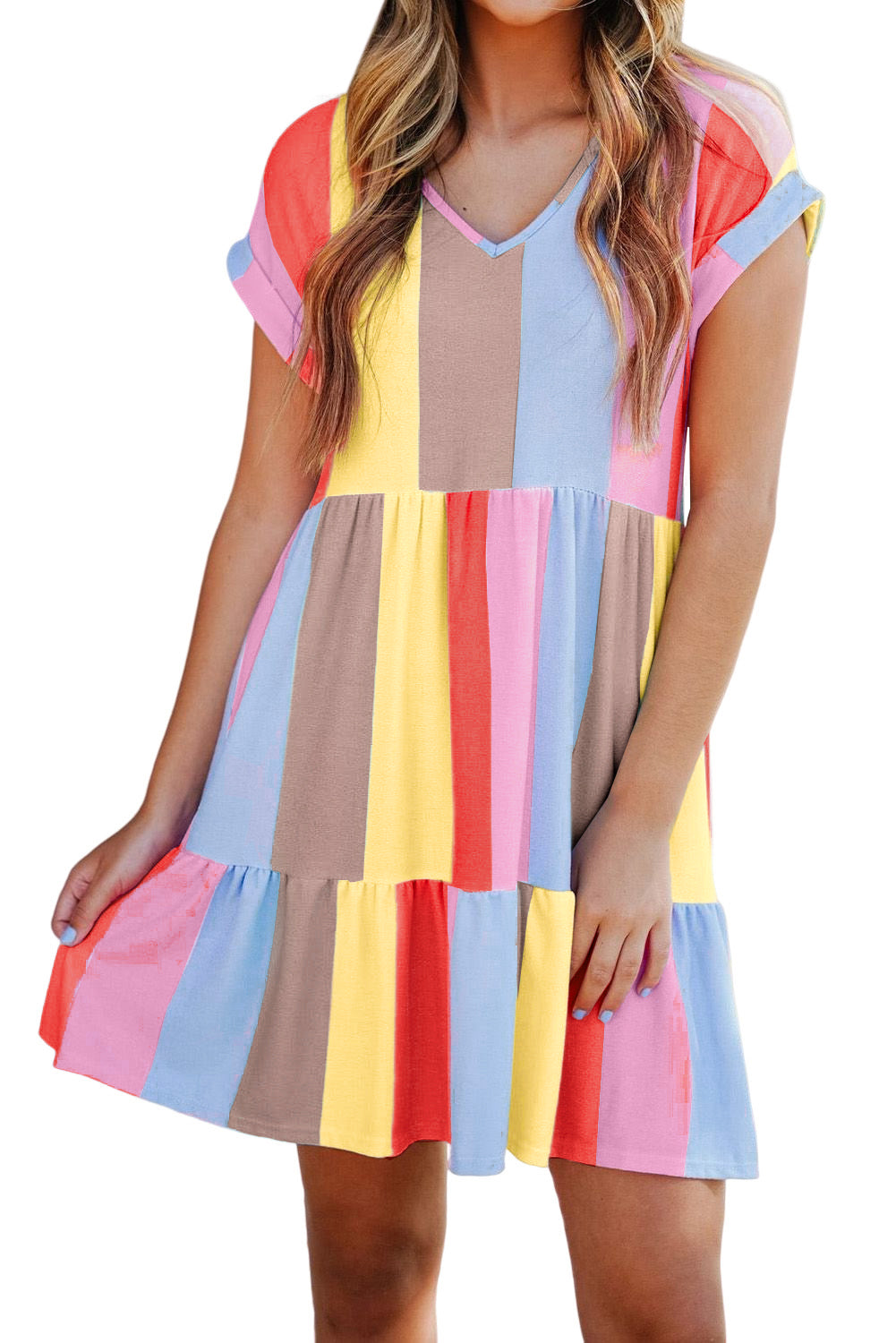 Multicolor Striped Color Block Tiered Mini Dress