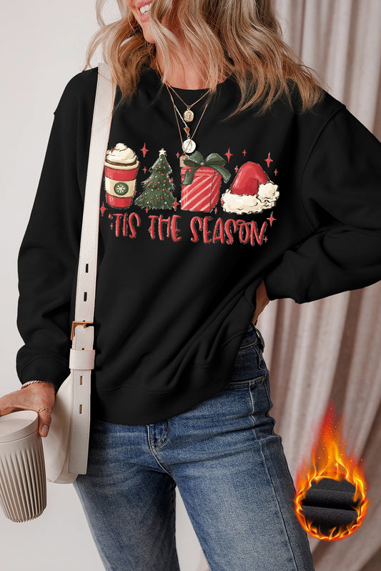 Black Christmas Season Graphic Fleece Lined Sweatshirt