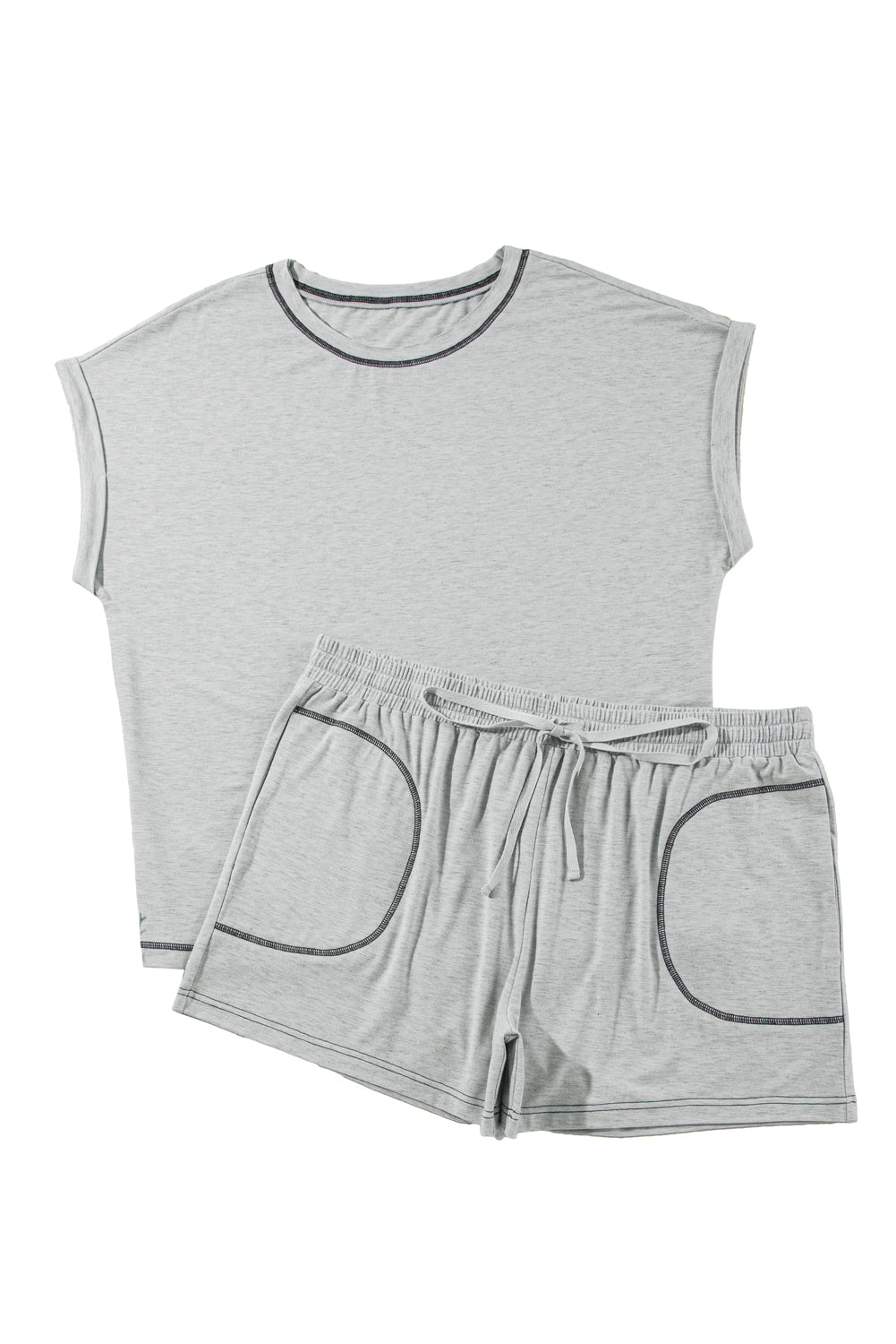 Gray Contrast Stitching Cuffed Sleeve Tee and Shorts Set